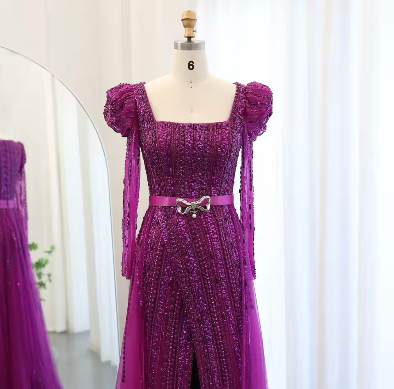 Fuchsia Evening Dress for Women Wedding Elegant Long Sleeve Overskirt Arabic Guest of Wedding Dress Formal Party Ball Gown