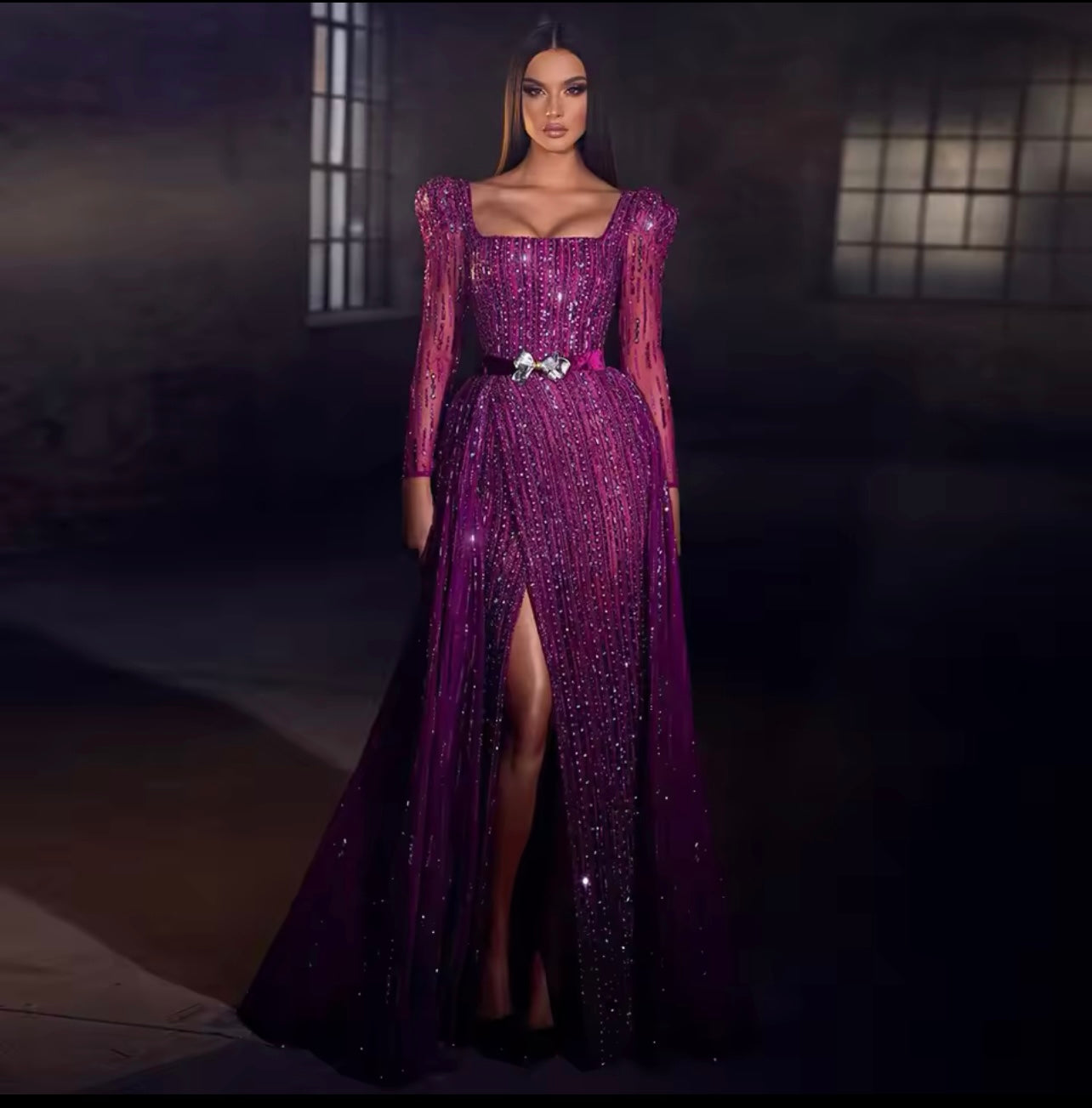 Fuchsia Evening Dress for Women Wedding Elegant Long Sleeve Overskirt Arabic Guest of Wedding Dress Formal Party Ball Gown