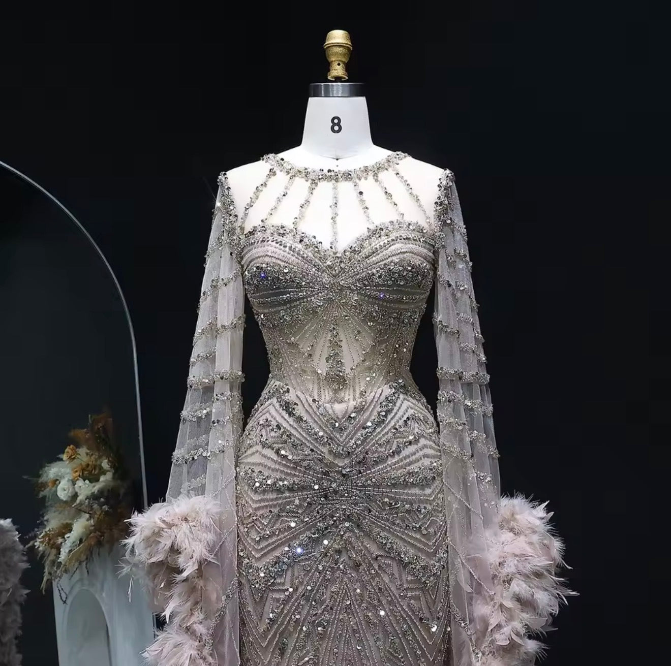 Embellished Mermaid Evening Dress with Feather Cuffs for Formal Occasion Wedding Guest Gala Ball Gown