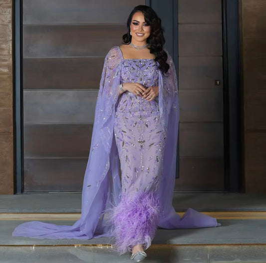 Purple Dubai Lilac Feathers Evening Dresses with Cape Sleeves Long Purple Guest of Wedding Ball Gown