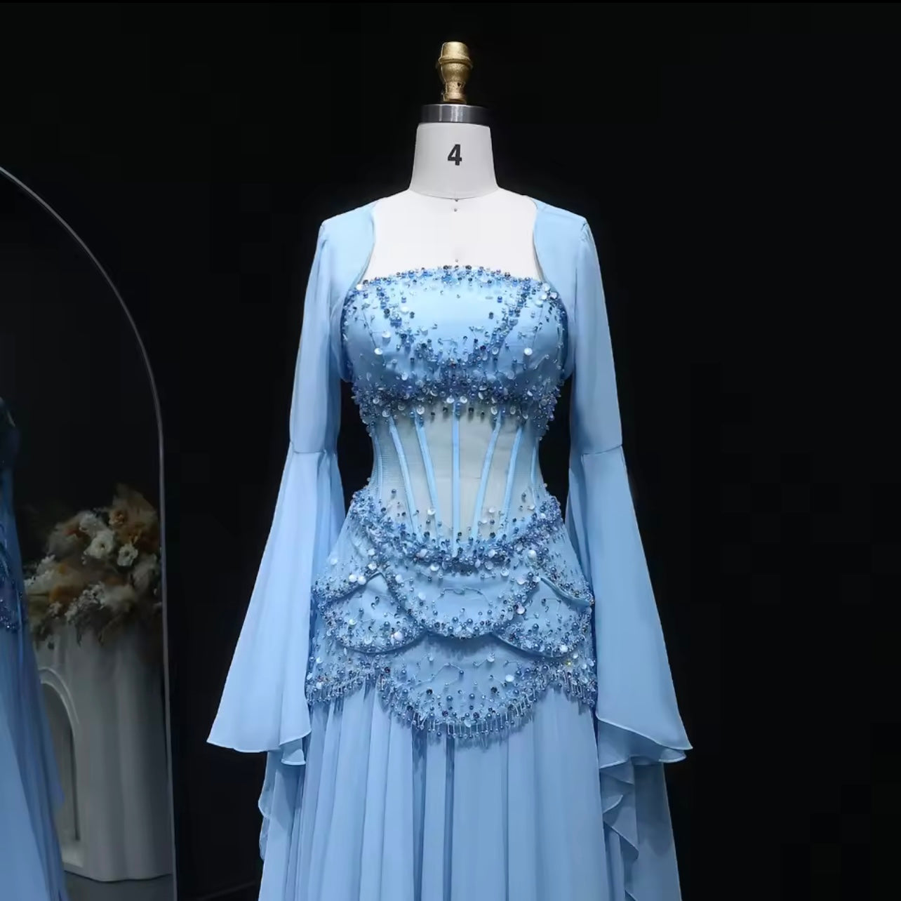 Elegant Chiffon Corset Celebrity Evening Dress with Jacket Flare Sleeves Ball Gown