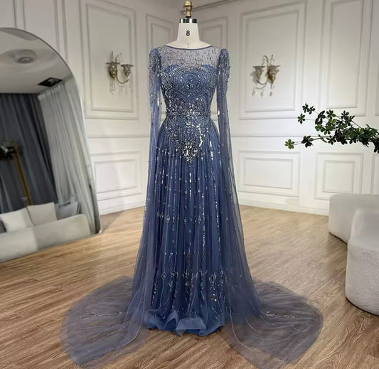 Luxury Pearls Dubai Champagne Mermaid Evening Dresses with Cape Guest of Wedding Gala Gown