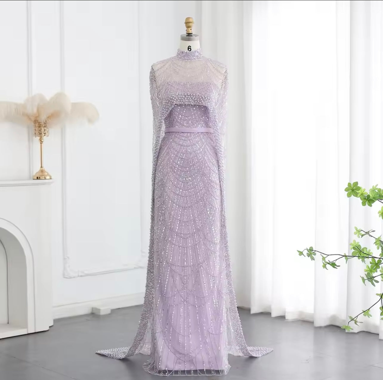 Luxury Pearls Dubai Champagne Mermaid Evening Dresses with Cape Guest of Wedding Gala Gown