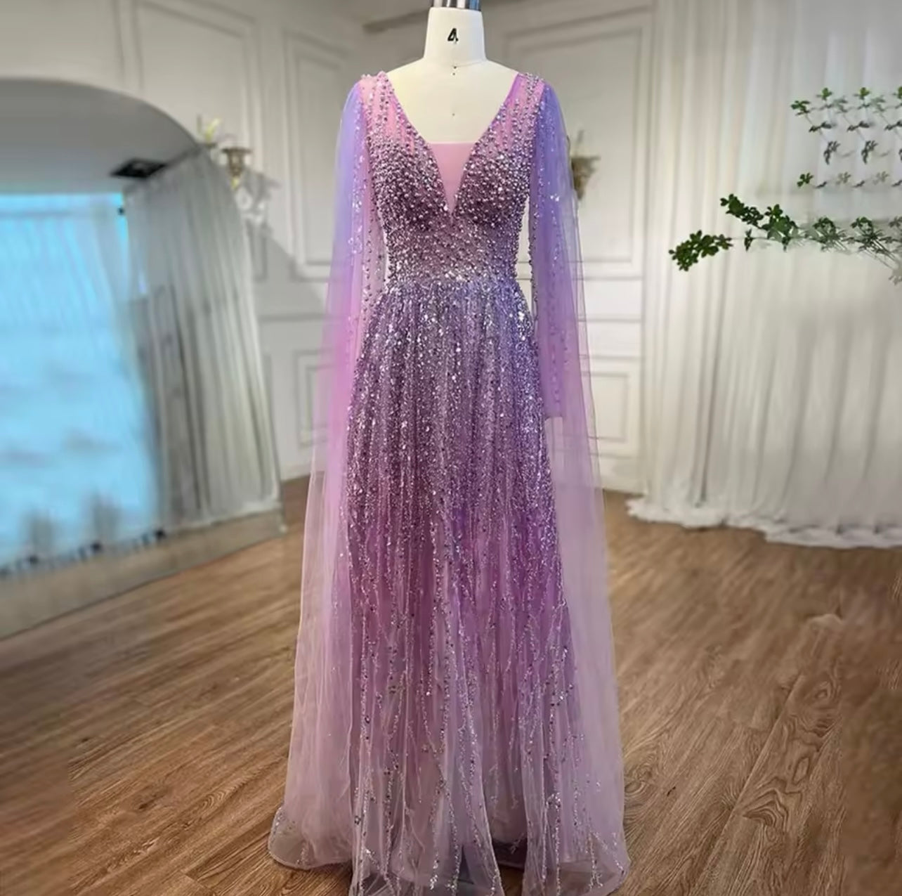 Purple A Line Cape Sleeves V Neck Embellished Long Maxi Evening Ball Gown For Guest Of Wedding