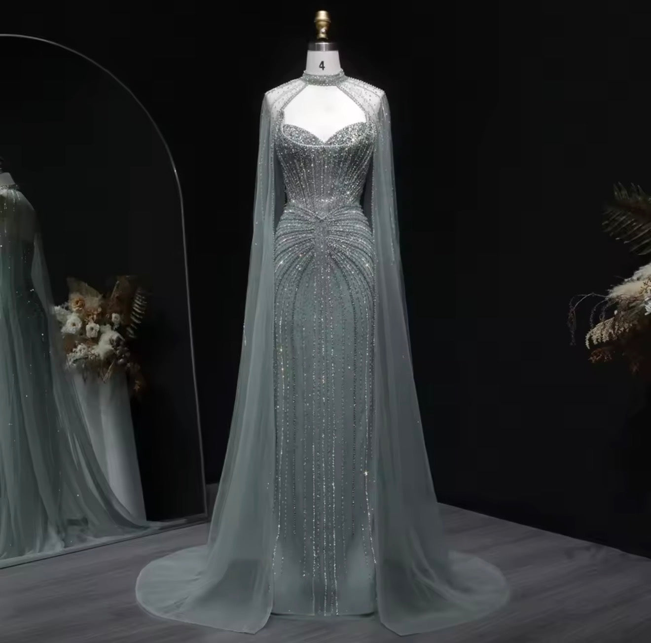 Embellished Sage Green Evening Dress with Cape Sleeves Guest of Wedding Ball Gown