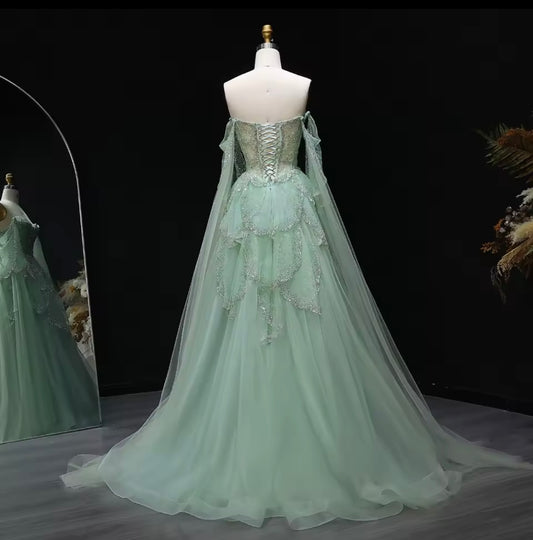 Off Shoulder Sage Green Evening Dress with Cape Sleeves Sweetheart Luxury for Guest of Wedding Gala Ball Gown