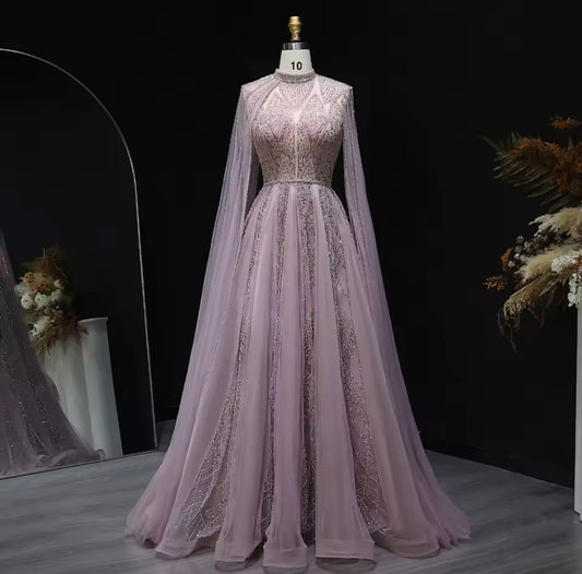 Luxury Evening Dress with Cape Sleeves Gala Wedding Guest Party Ball Gown