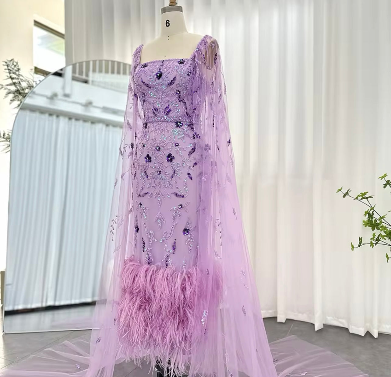 Purple Dubai Lilac Feathers Evening Dresses with Cape Sleeves Long Purple Guest of Wedding Ball Gown