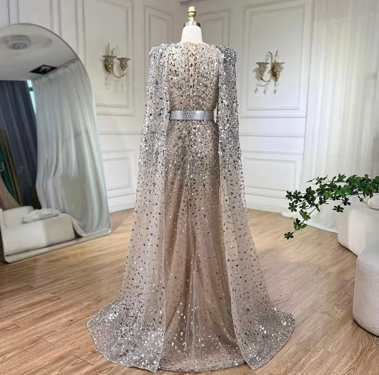 Gold Mermaid Evening Gown With Cape Sleeves Beaded Elegant Guest Of Wedding Maid of Honor Mother of Bride Dress