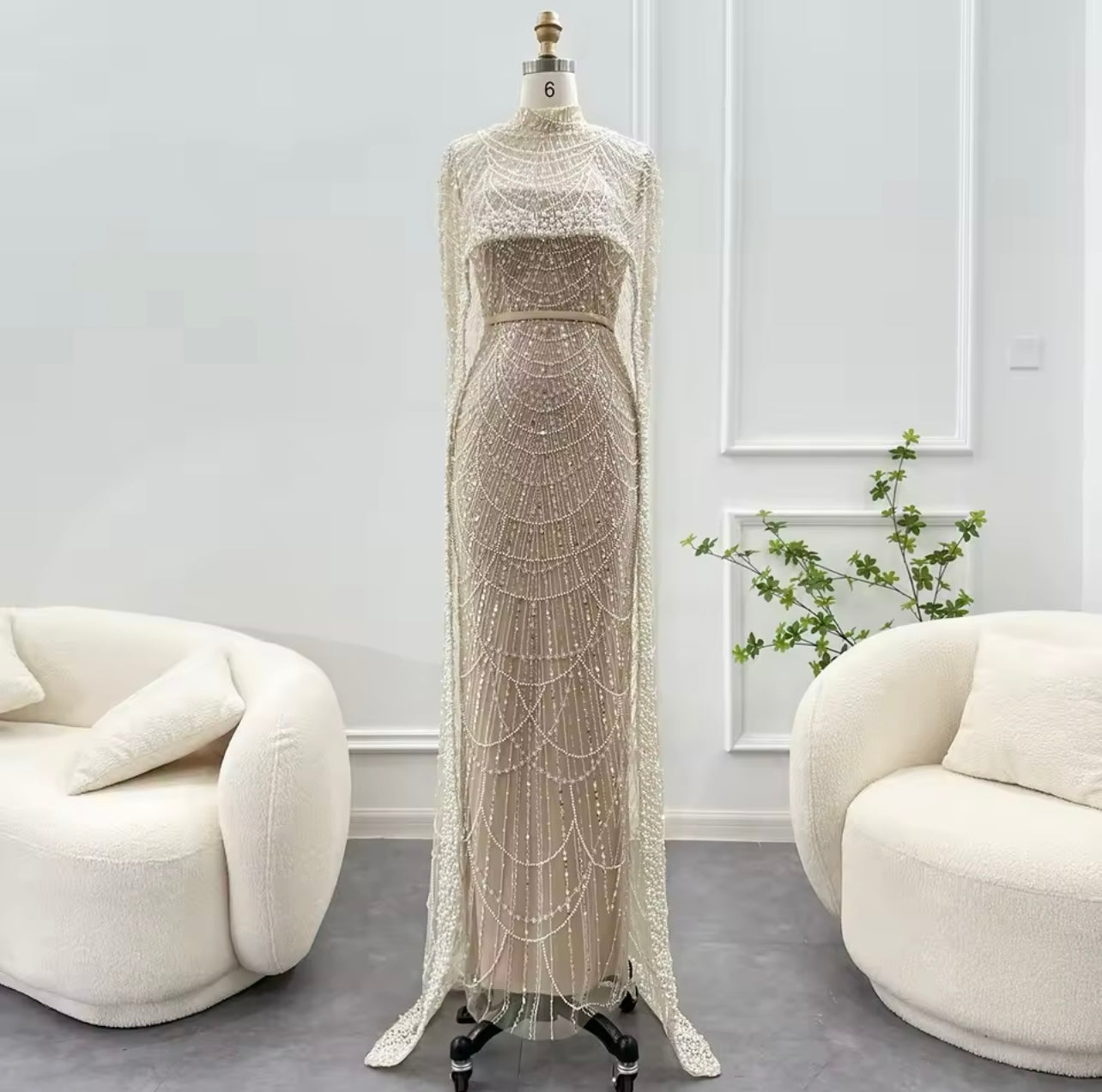 Luxury Pearls Dubai Champagne Mermaid Evening Dresses with Cape Guest of Wedding Gala Gown