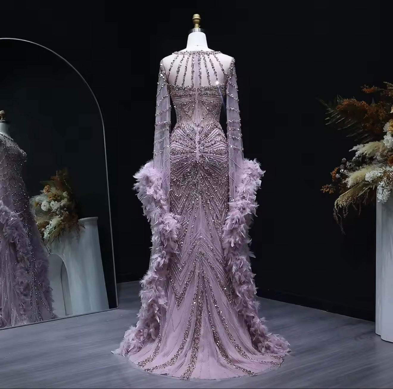 Embellished Mermaid Evening Dress with Feather Cuffs for Formal Occasion Wedding Guest Gala Ball Gown