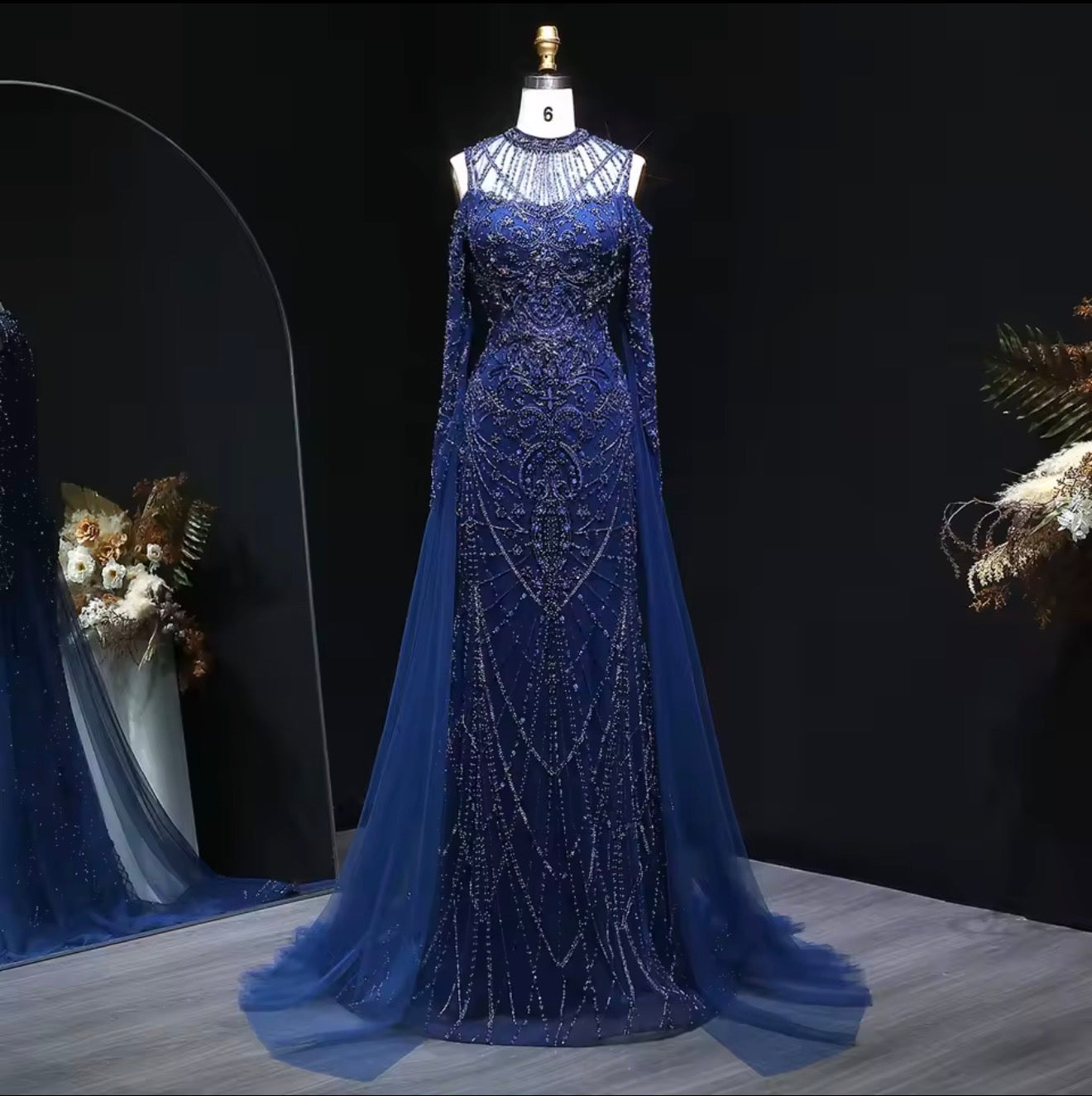 Luxury Navy Blue Off Shoulder Mermaid
Evening Dress Long Sleeve Guest of Wedding Gala Gown Ball Gown