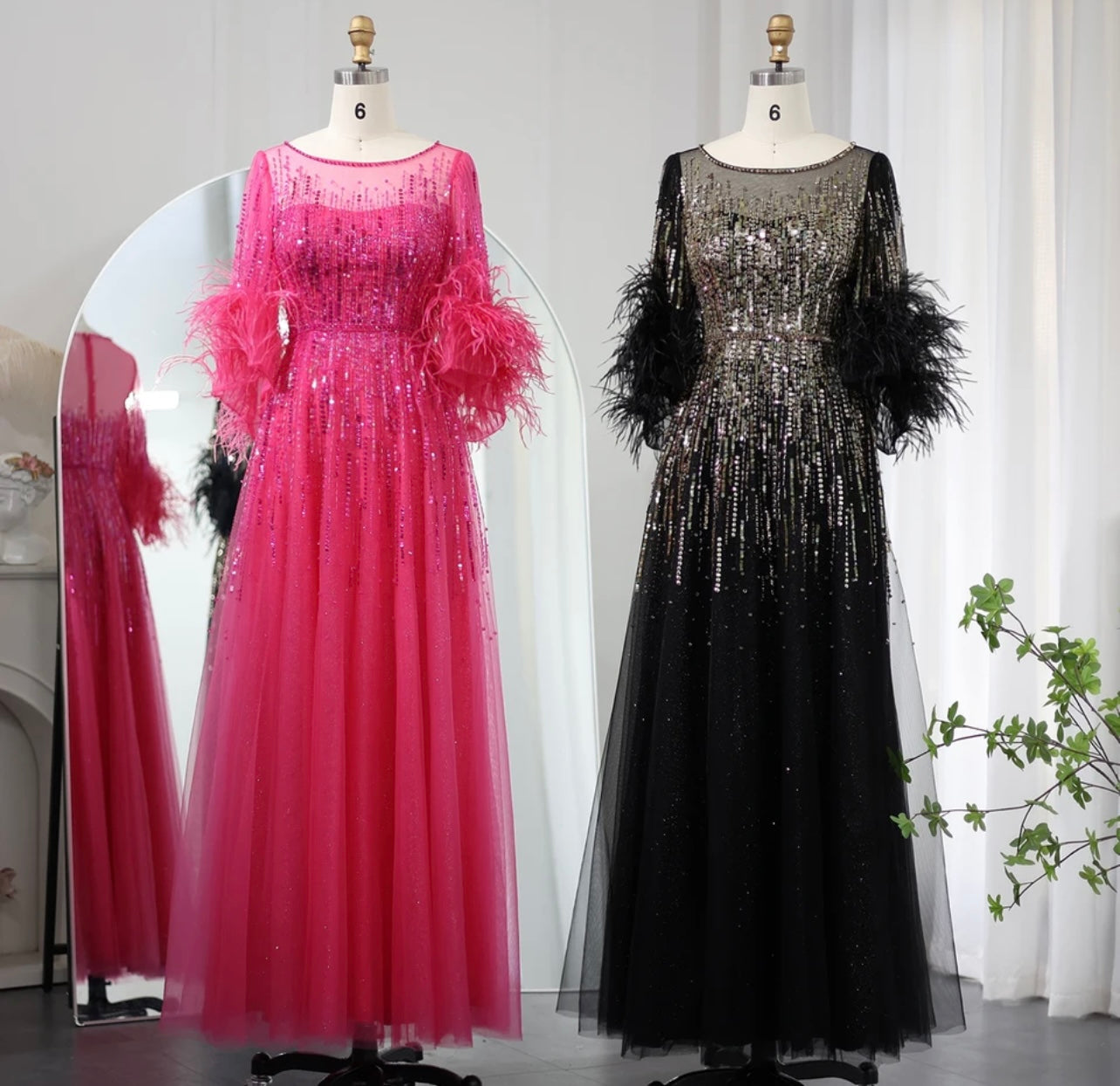 Luxury Feathers Black Evening Dresses for Women Elegant Fushia Arabic Half Sleeve Wedding Guest of Wedding Embellished Gala Gown