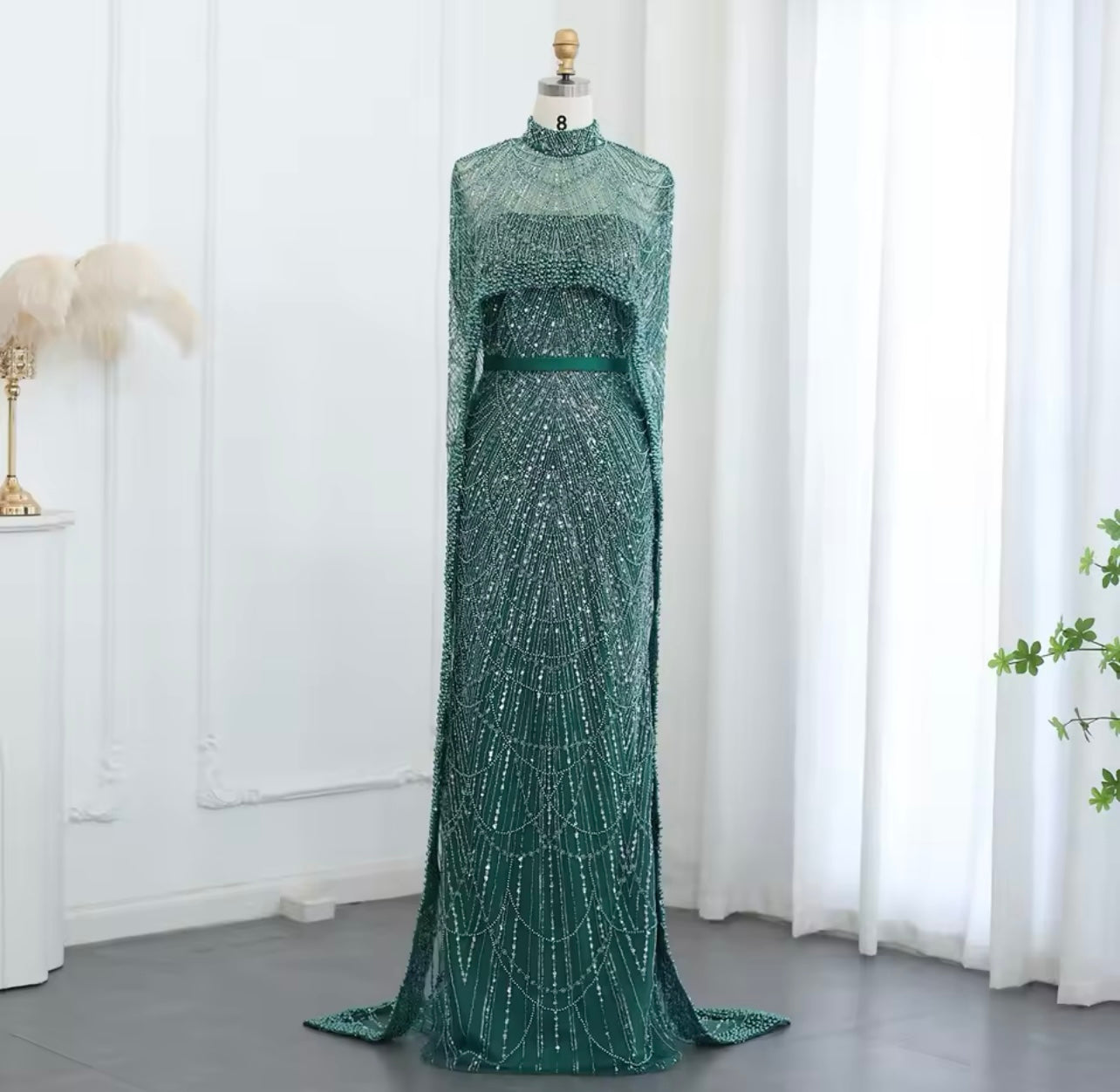 Luxury Pearls Dubai Champagne Mermaid Evening Dresses with Cape Guest of Wedding Gala Gown