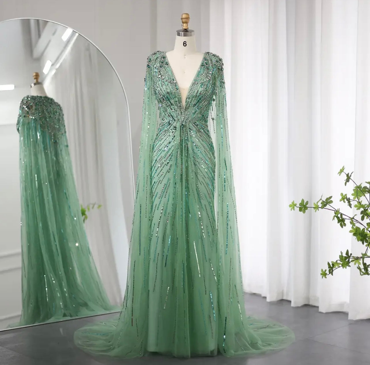 Sage Green Evening Dresses with Cape Sleeves Fuchsia Crystal Gold Elegant Women Wedding Formal Guest of Wedding Bridesmaid Gown