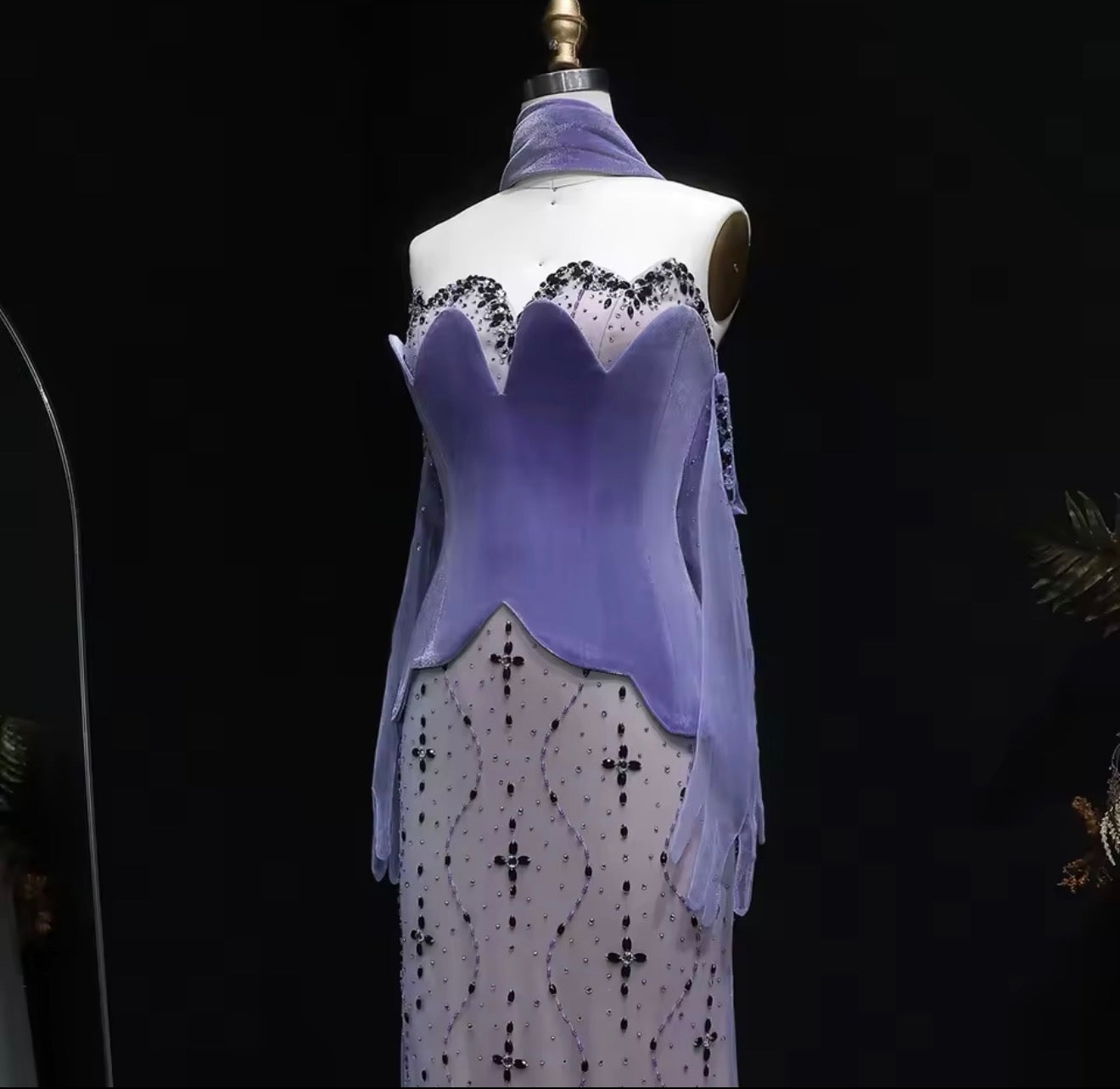 Two Piece Purple Velvet Mermaid Evening Dress with Gloves and Scarf for Gala  Ball Gown Wedding Party Gown