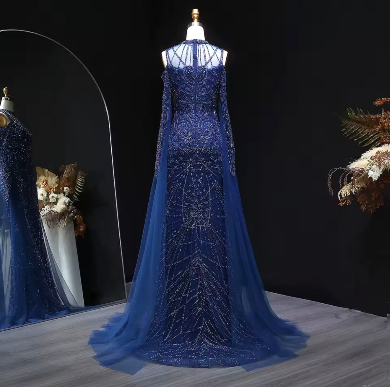 Luxury Navy Blue Off Shoulder Mermaid
Evening Dress Long Sleeve Guest of Wedding Gala Gown Ball Gown