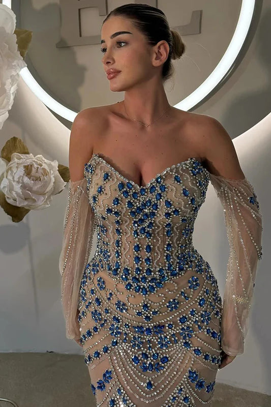 Blue Saudi Arabic Evening Gown Strapless Long Sleeves Beaded Dress For Formal Occasions Birthday Dress Ball Gown