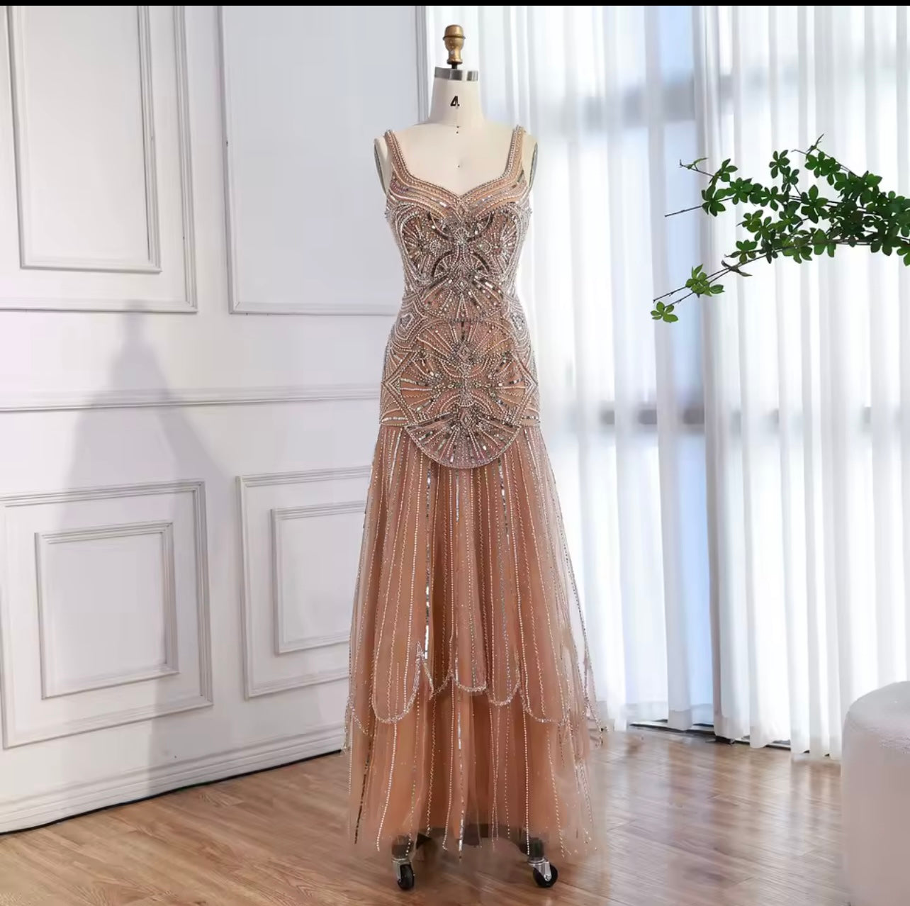 Luxury Nude Spaghetti Strap Beaded A line Evening Dress Elegant Gown Formal Party Occasion