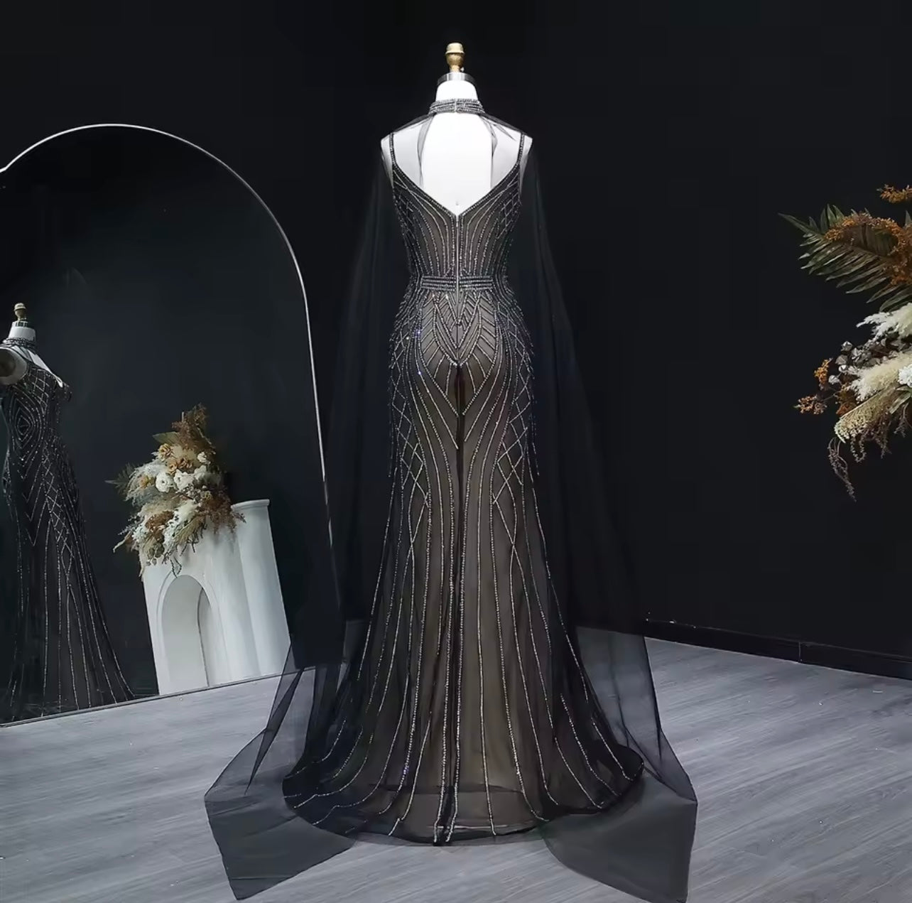 Crystal Mermaid Evening Dress with Cape Sleeves Guest Of Wedding Ball Gown