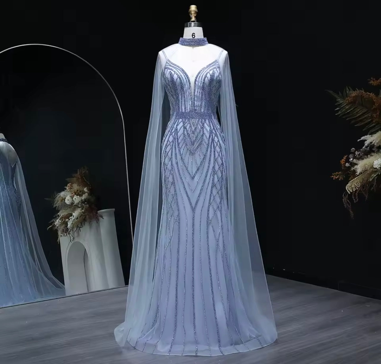 Crystal Mermaid Evening Dress with Cape Sleeves Guest Of Wedding Ball Gown