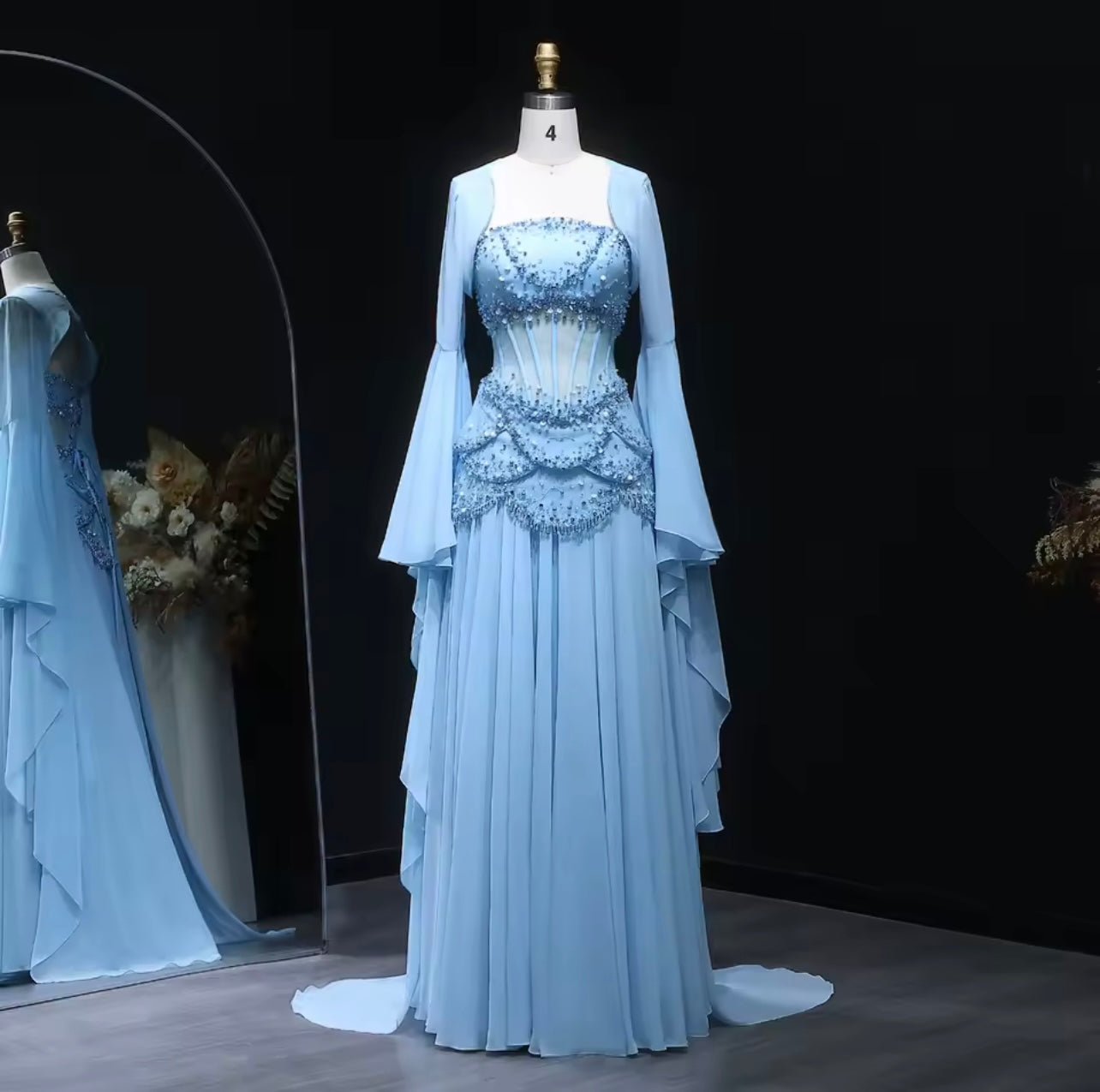 Elegant Chiffon Corset Celebrity Evening Dress with Jacket Flare Sleeves Ball Gown