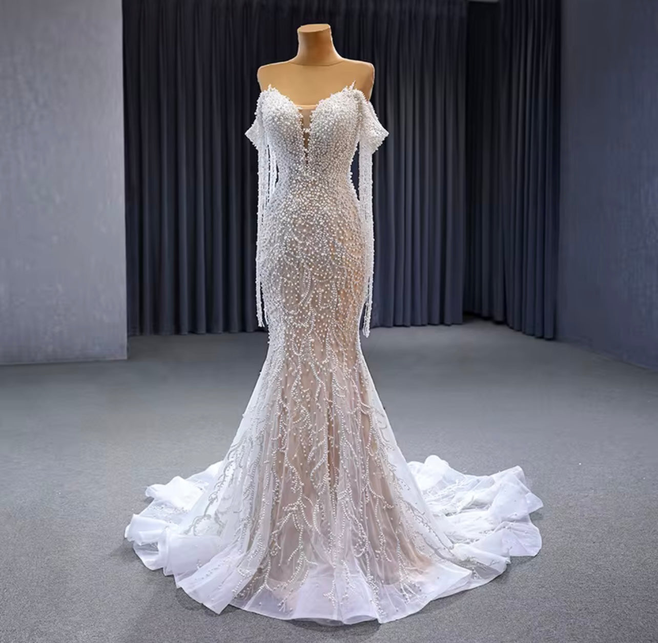 Ivory Off-The-Shoulder Full Sleeves Beads and Pearls Mermaid Wedding Dress