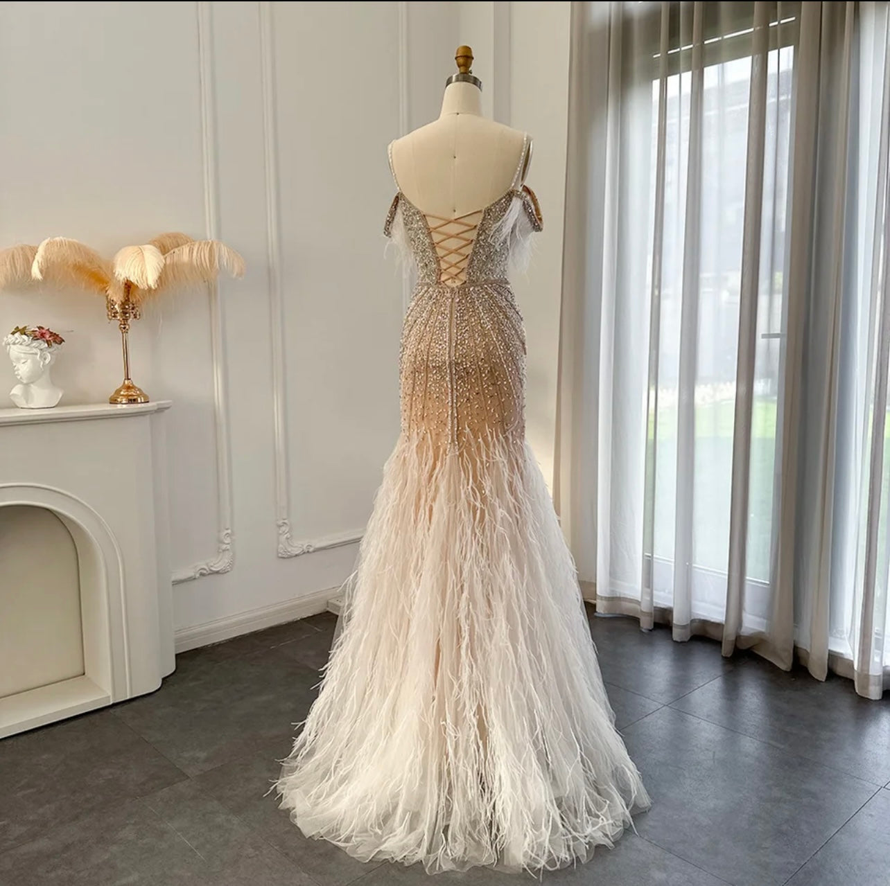 Sequin  formal dress ball gown champagne evening dress with feather detail