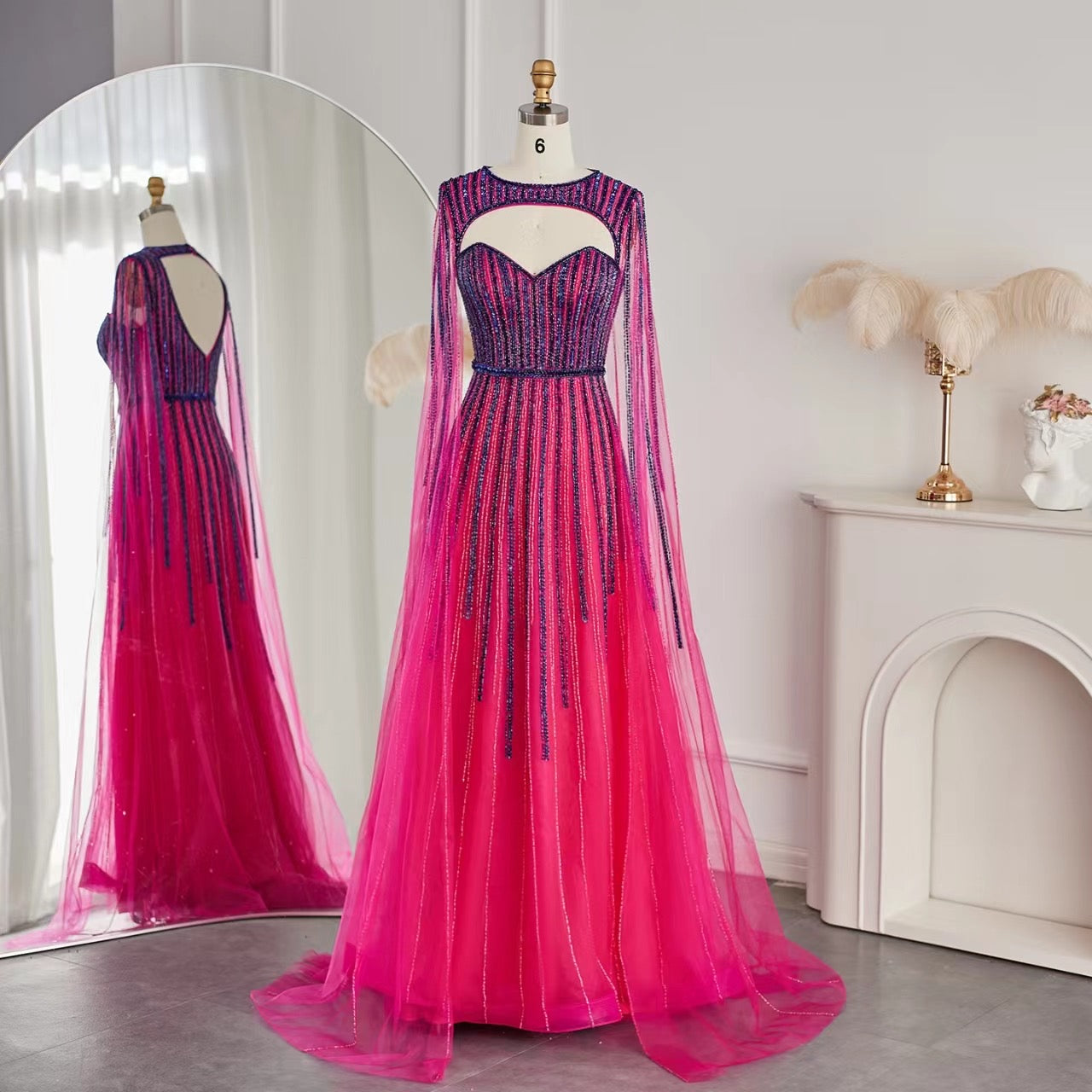 Arabic Fuchsia Cape Sleeves Luxury Beaded Evening Dresses Long Celebrity Gowns For wedding