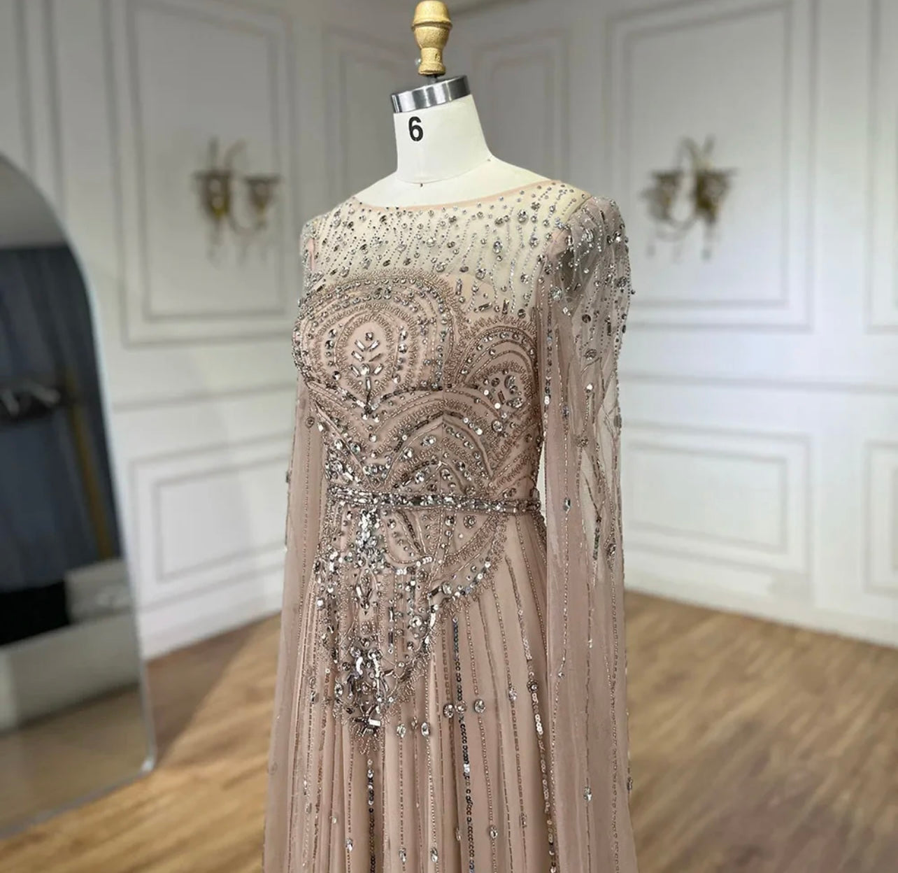 Luxury Pearls Dubai Champagne Mermaid Evening Dresses with Cape Guest of Wedding Gala Gown