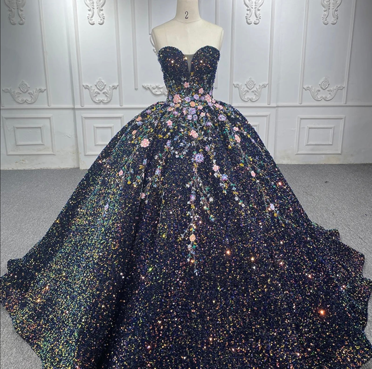 Unique Black Sequined Floral Detail Quinceanera dress