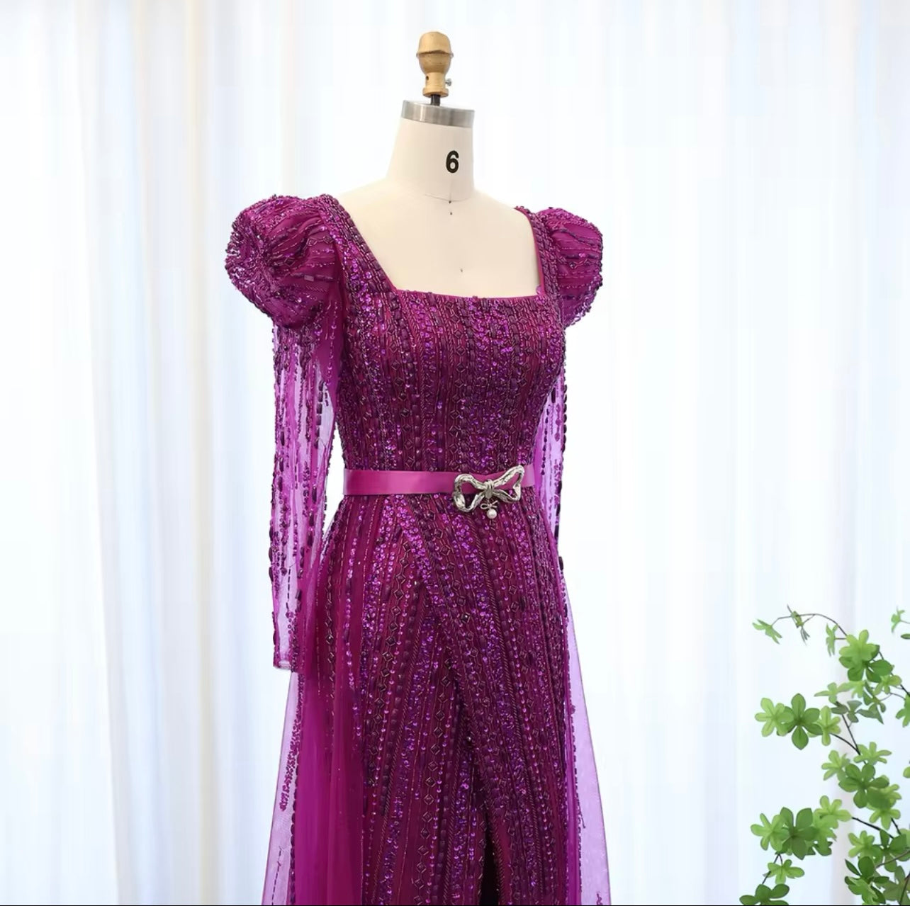 Fuchsia Evening Dress for Women Wedding Elegant Long Sleeve Overskirt Arabic Guest of Wedding Dress Formal Party Ball Gown