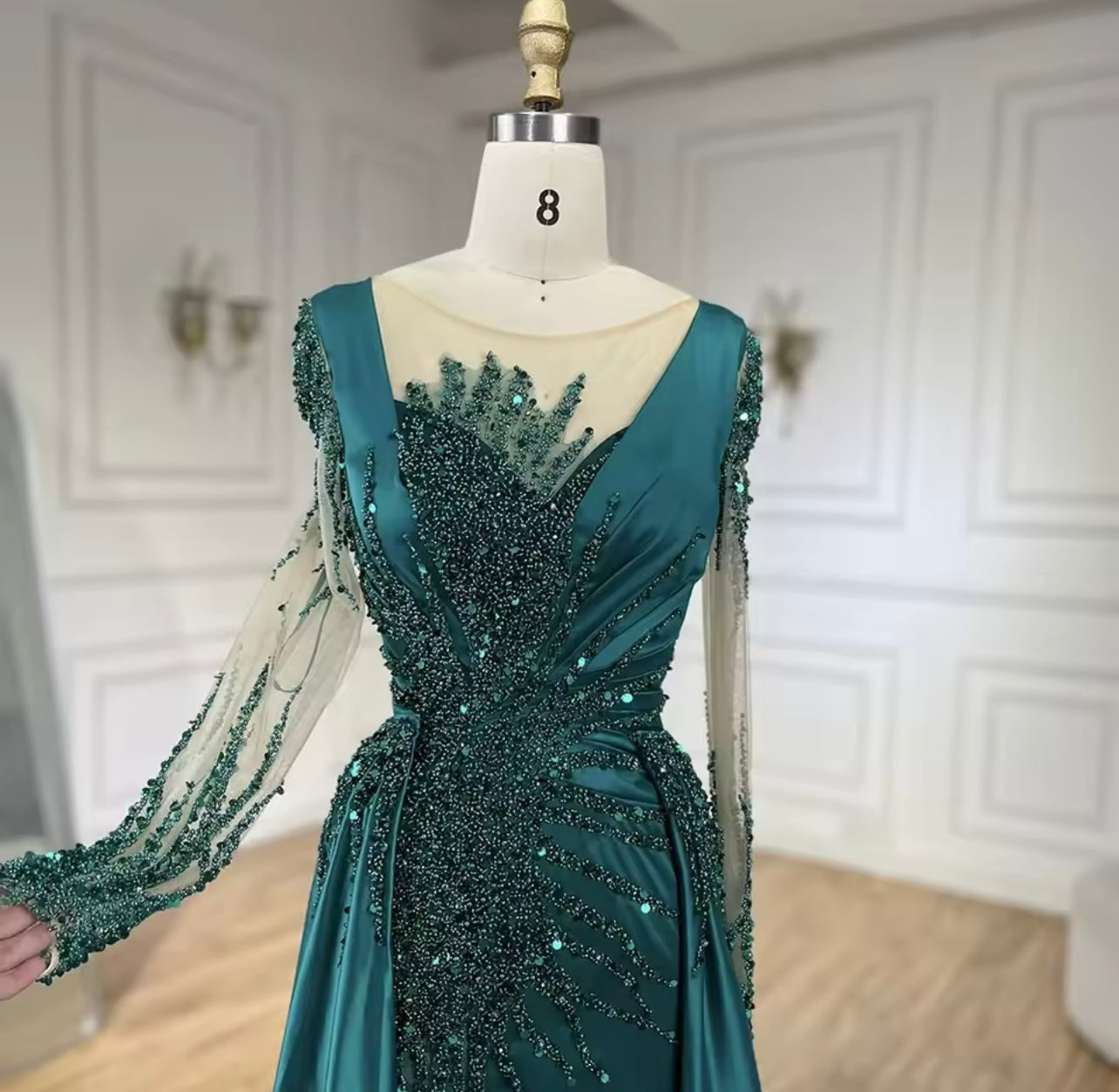 Arabic Green Luxury Beaded Satin Mermaid With Overskirt Evening Dresses 2024 Elegant For Guest of Wedding Gala Gowns Ball Gown