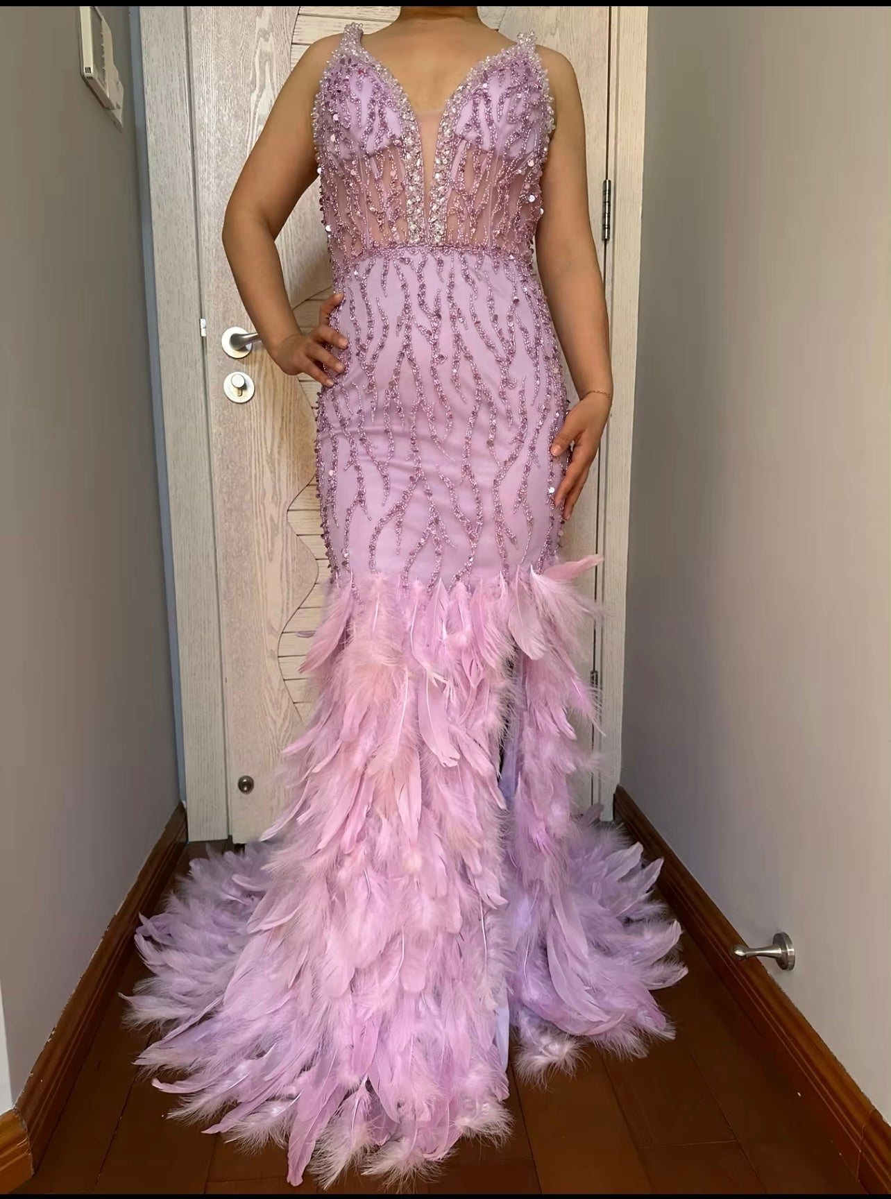 Feathers Pink Mermaid Evening Dress for Guest of Wedding V-Neck Blue Side Slit Long Gala Gown