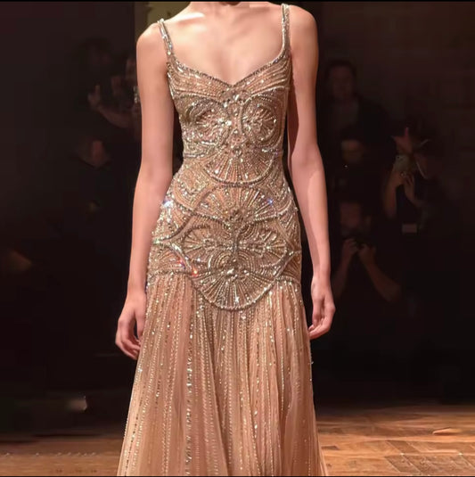 Luxury Nude Spaghetti Strap Beaded A line Evening Dress Elegant Gown Formal Party Occasion
