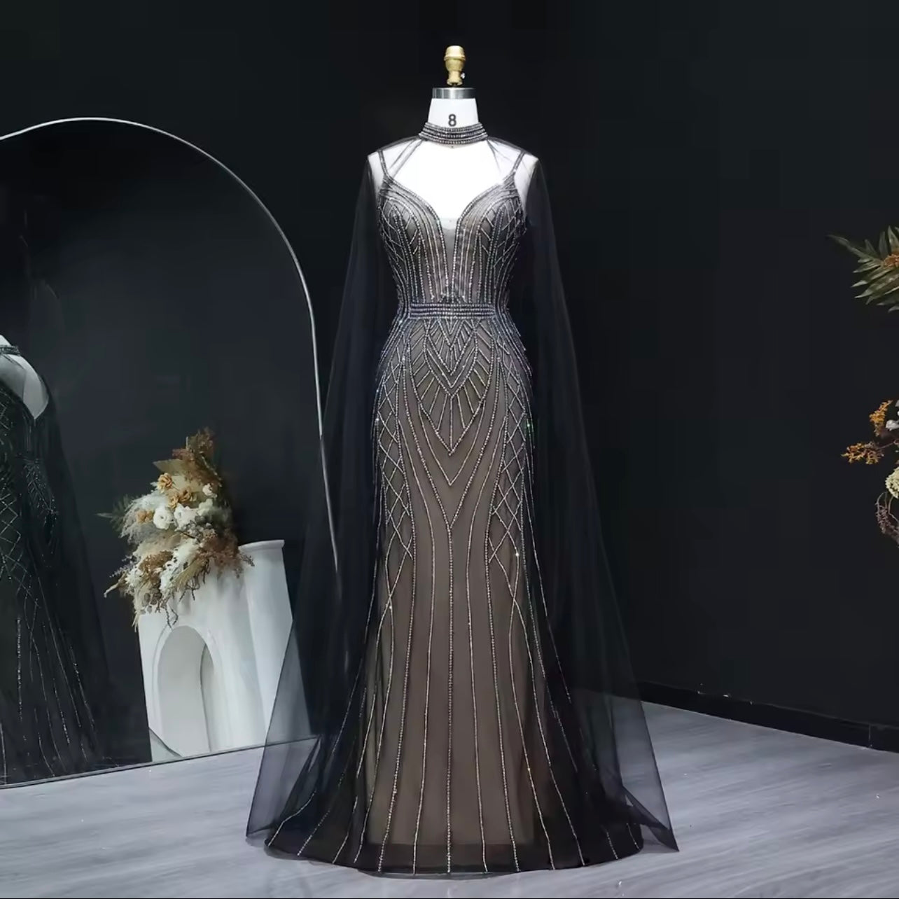 Crystal Mermaid Evening Dress with Cape Sleeves Guest Of Wedding Ball Gown