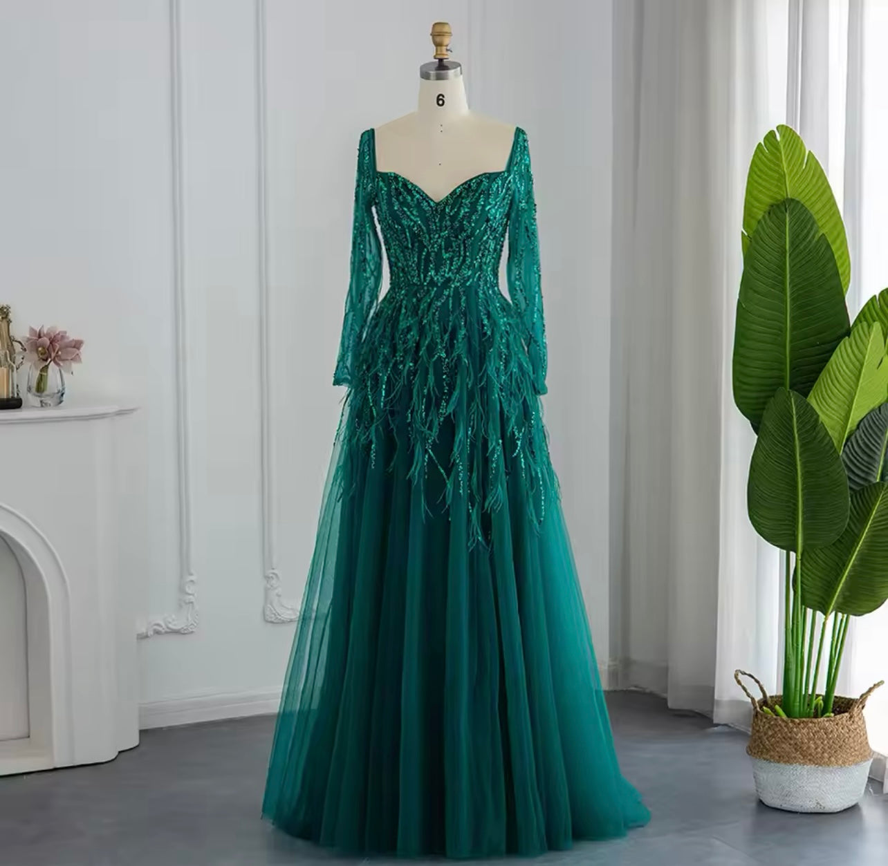 Luxury evening dress formal dress wedding Blue Mermaid Cape Sleeves With Feather V Neck Evening Dress Beaded Party ball Gown For Women