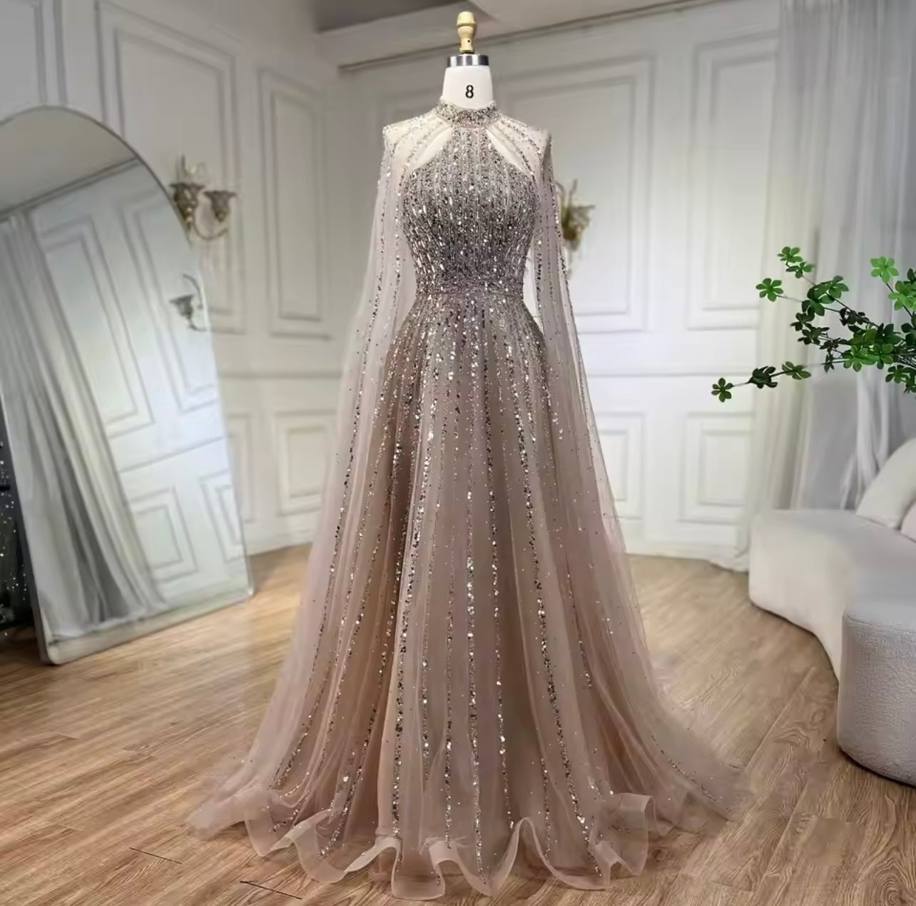 Caramel A-Line Cape Sleeves Beaded Luxury Dubai Evening Dresses Gowns For Women Guest of Wedding