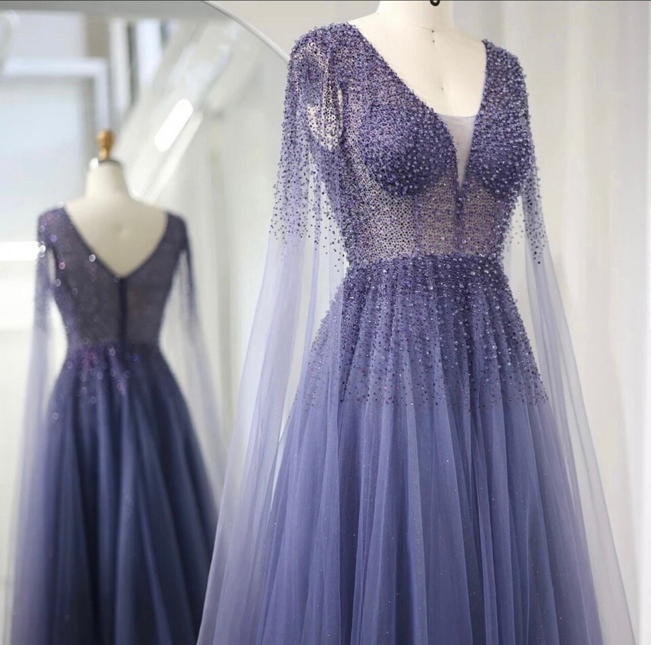 Unique Royal Blue Luxury Evening Dress with Cape Sleeves Elegant V-Neck Women Wedding Ball Gown