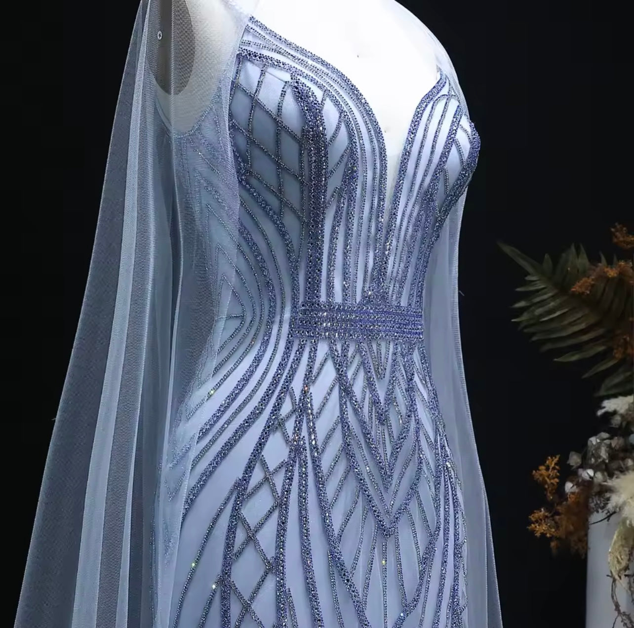 Crystal Mermaid Evening Dress with Cape Sleeves Guest Of Wedding Ball Gown