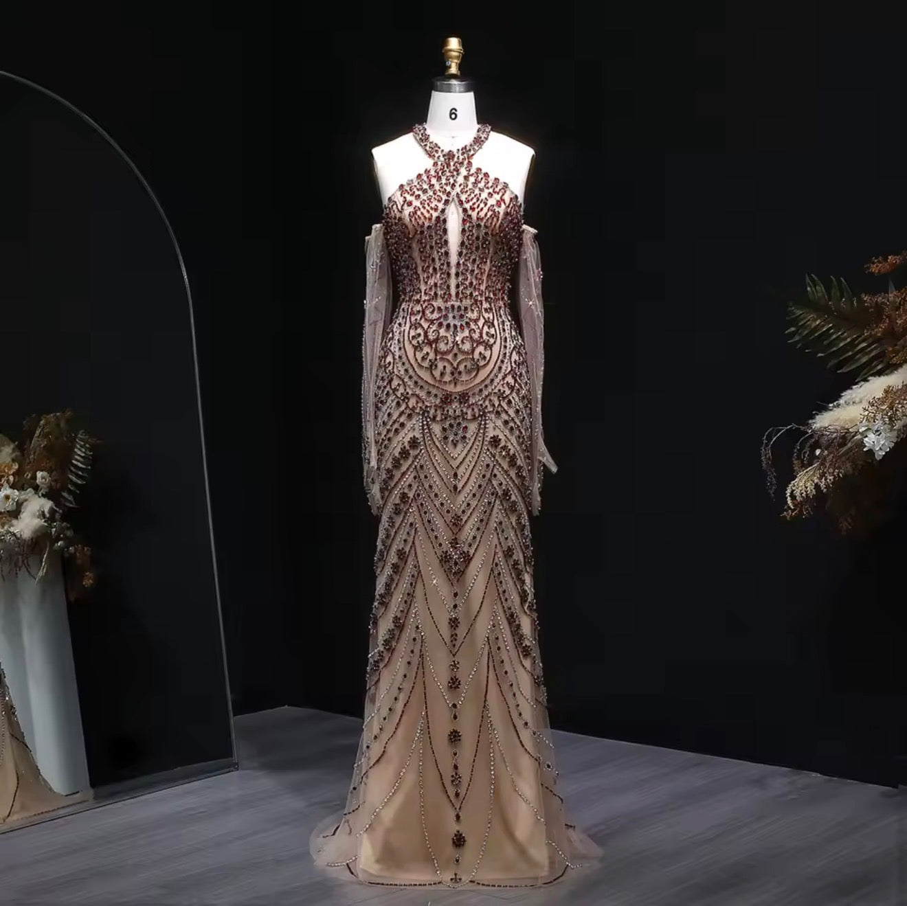 Luxury Evening Dress Guest of Wedding
Mermaid with Gloves Embellished Halter Ball Gown