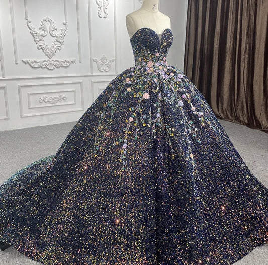 Unique Black Sequined Floral Detail Quinceanera dress