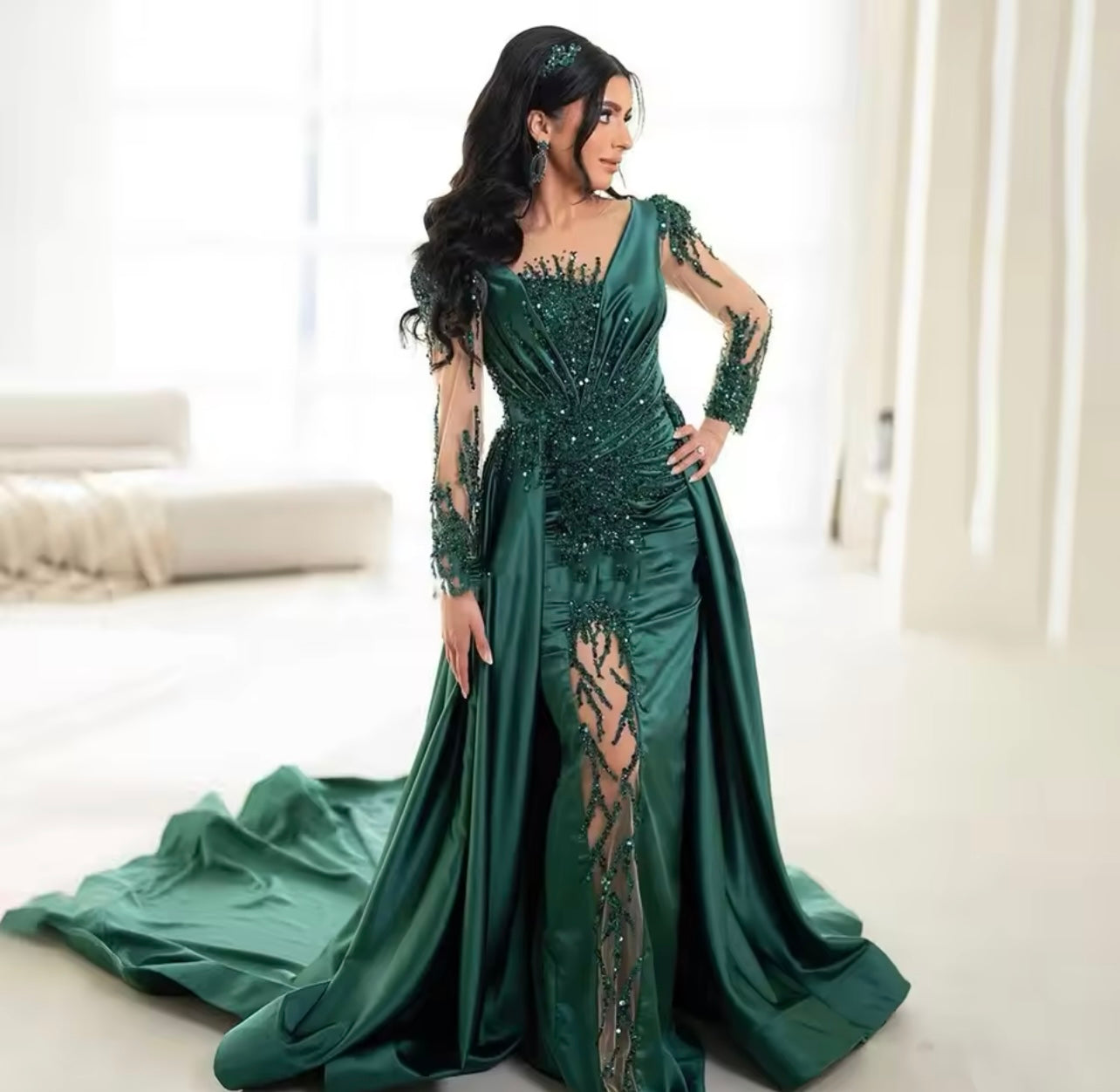 Arabic Green Luxury Beaded Satin Mermaid With Overskirt Evening Dresses 2024 Elegant For Guest of Wedding Gala Gowns Ball Gown