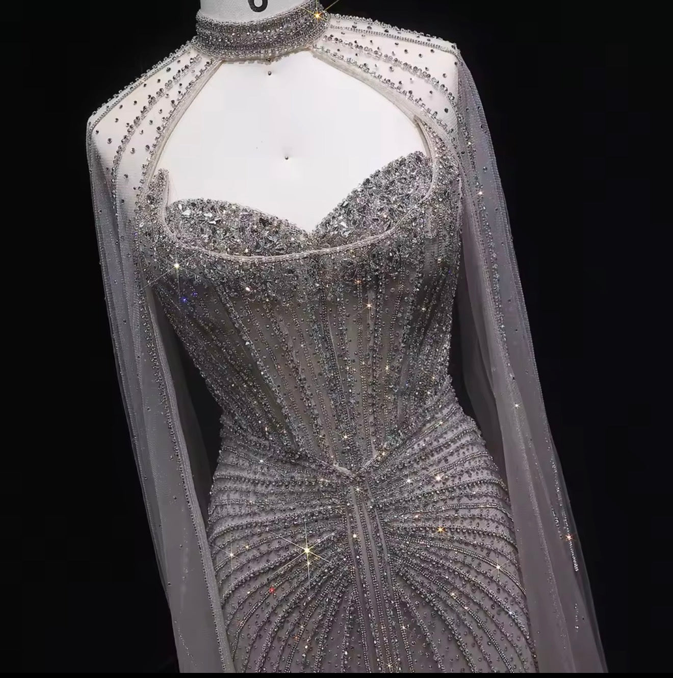 Embellished Sage Green Evening Dress with Cape Sleeves Guest of Wedding Ball Gown