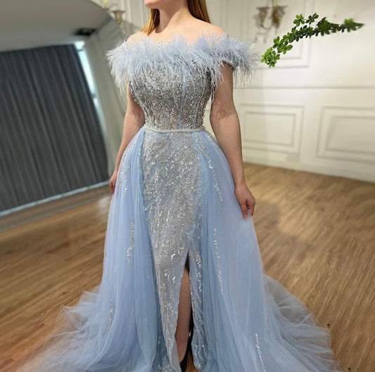 Diamond Feather Mermaid Elegant With Overskirt Evening Dresses Gowns For Gala Guest of Wedding