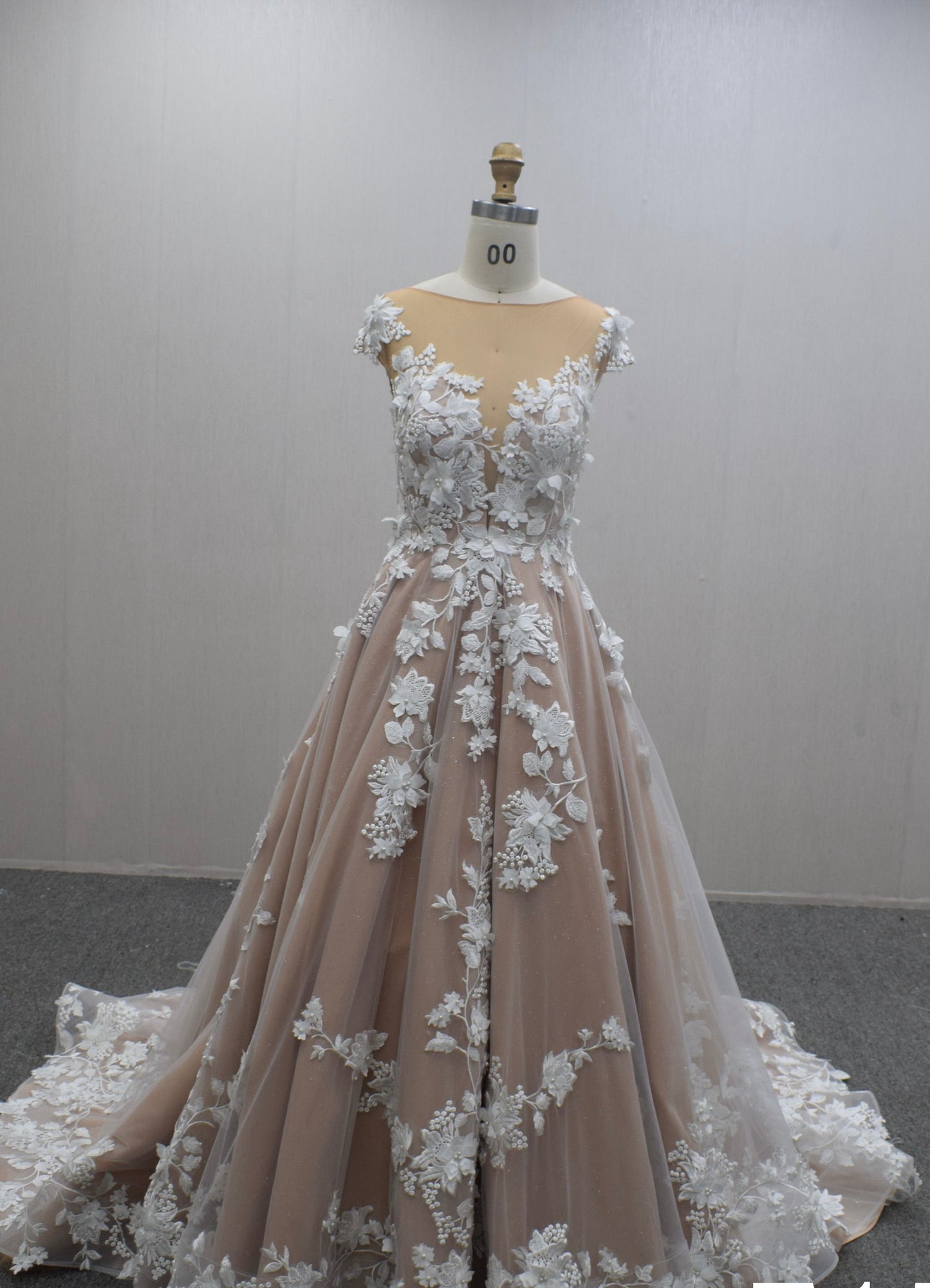 Sand Bridal Gown with Floral Lace Appliqué Pearls A-Line Cathedral Train Wedding Dresss