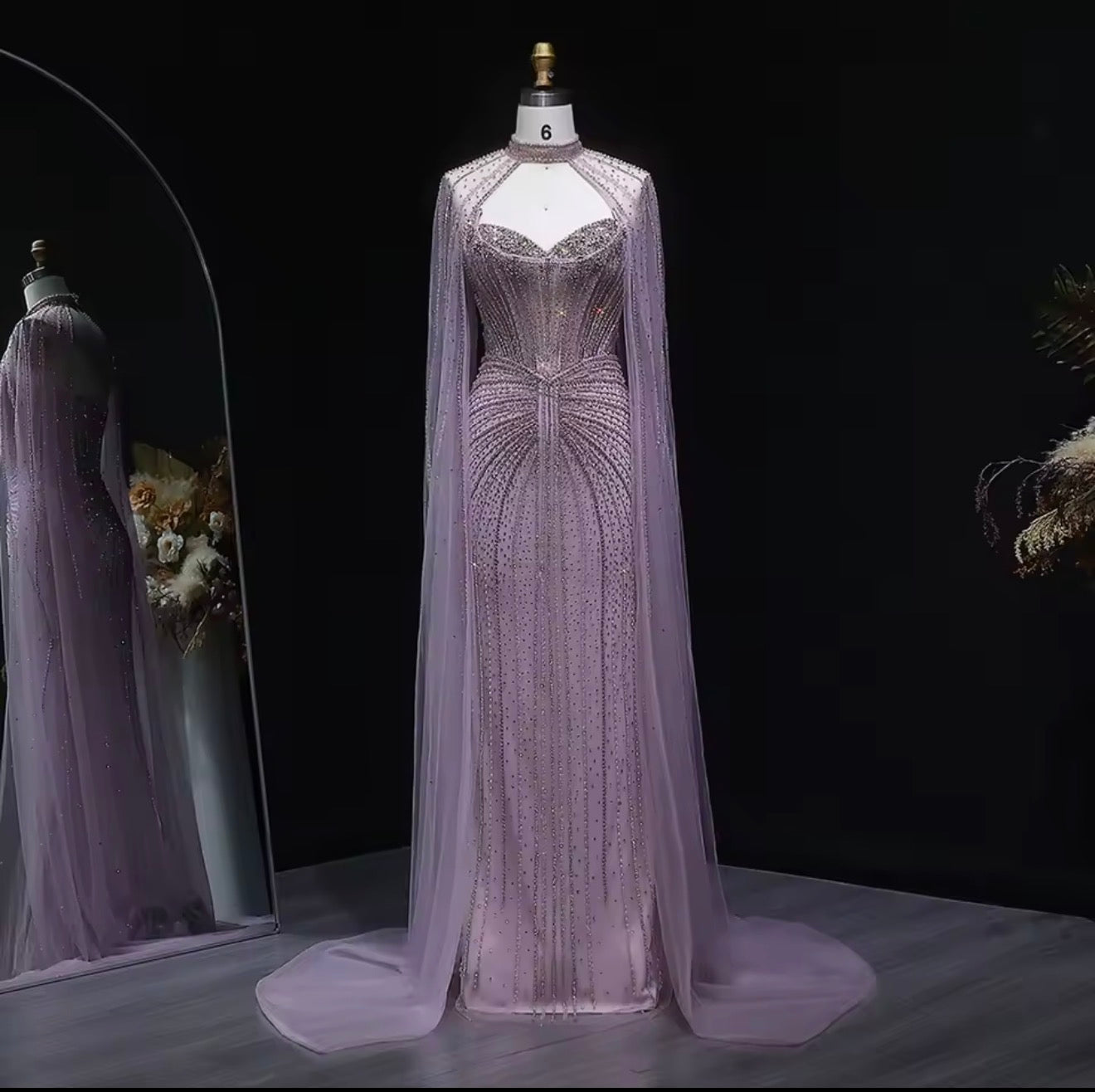 Embellished Sage Green Evening Dress with Cape Sleeves Guest of Wedding Ball Gown