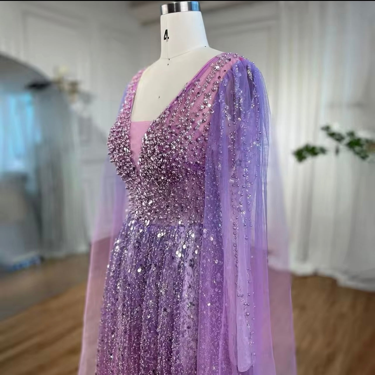 Purple A Line Cape Sleeves V Neck Embellished Long Maxi Evening Ball Gown For Guest Of Wedding