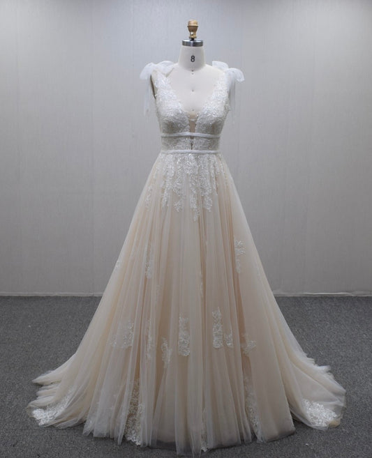 Ivory Wedding Gown With floral Lace Appliqué Deep V neck