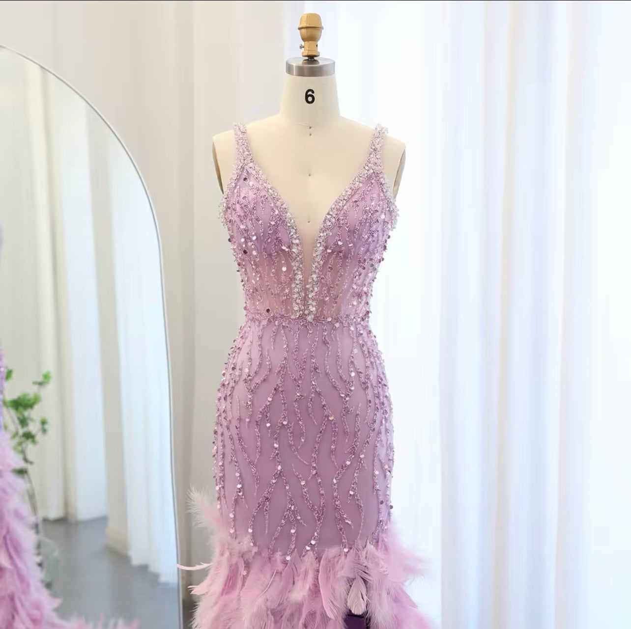 Feathers Pink Mermaid Evening Dress for Guest of Wedding V-Neck Blue Side Slit Long Gala Gown